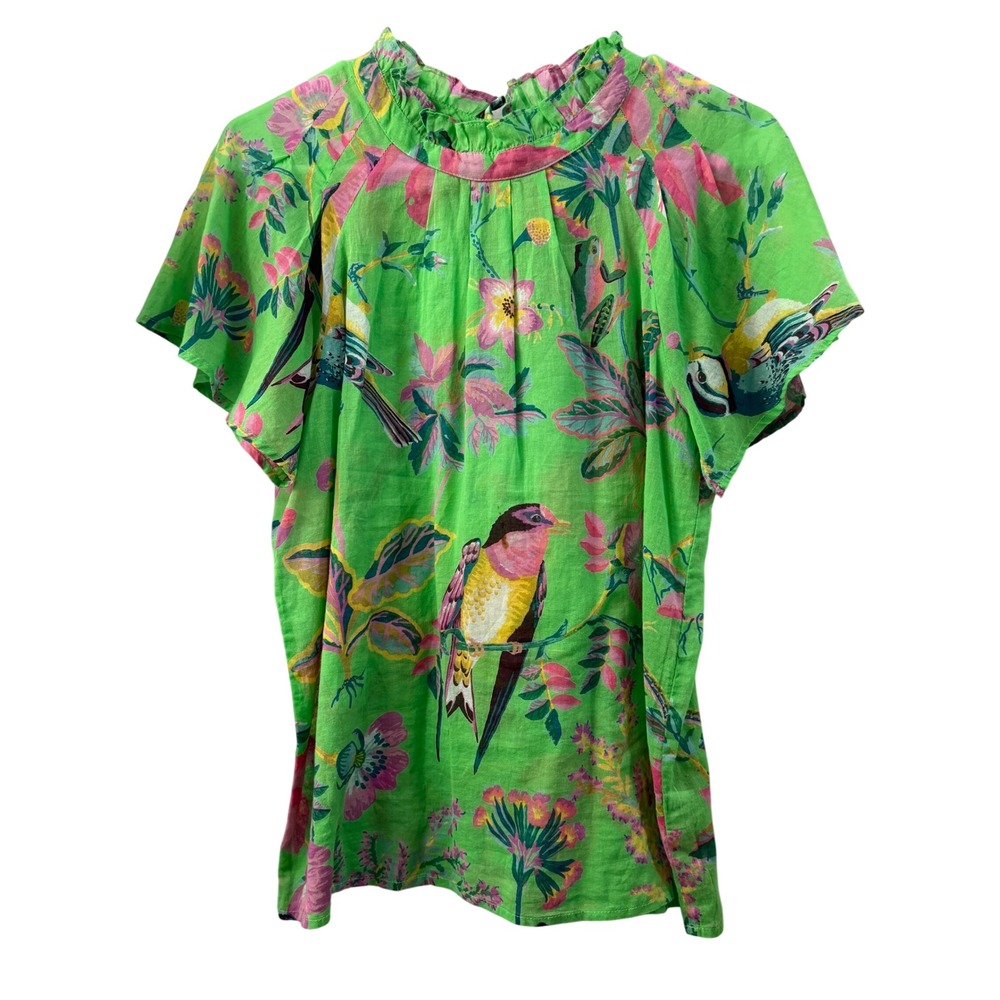 Banjanan Green Cotton Tropical Bird Floral Ruffle Neck Flutter Sleeve Top XS